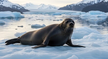 Seal resting on ice in a serene arctic environment with mountains and glaciers in the background.