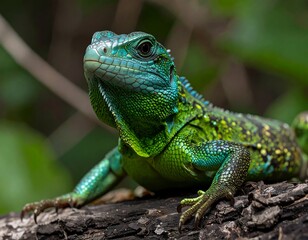 Fototapeta premium Vibrant green lizard on dark wood