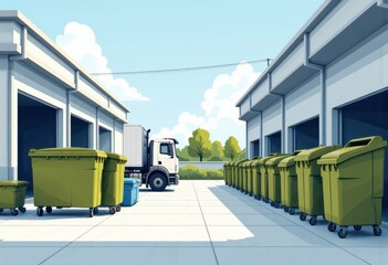 Waste facility featuring a truck bay and lined green bins