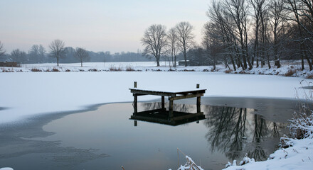 Serene winter scene with snow-covered lake and rustic wooden pier, perfect for a tranquil holiday getaway