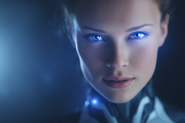 Futuristic humanoid with striking blue eyes and sleek design