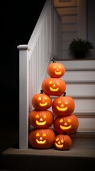 Obraz premium Multiple carved pumpkins with glowing faces stand stacked on outdoor steps, creating festive halloween display on dark evening.