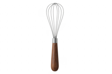 Realistic metal whisk with wooden handle on transparent background