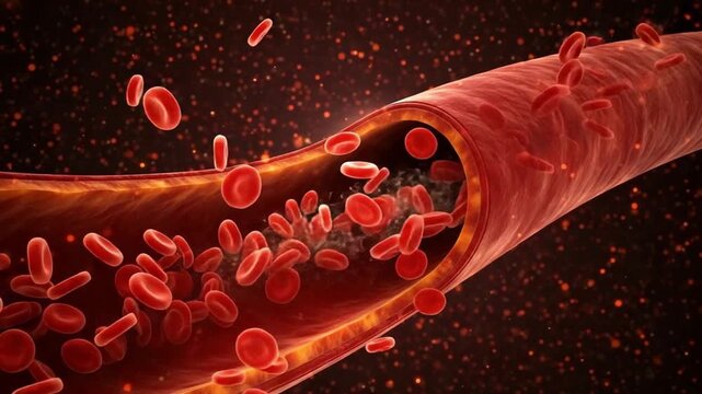 A close up view of red blood cells flowing through a blood vessel with dark brown background color