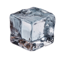 Close-up of a single, clear ice cube.  It's a square,  slightly transparent, showing internal structure