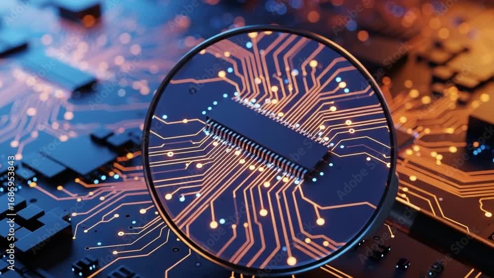 Poster close up view of a microchip with intricate circuit patterns under a magnifying glass detail shot