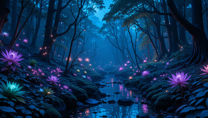 Fototapeta premium Magical Glowing Forest with Fireflies and Lotus Flowers in Night Scene