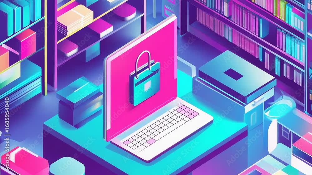 Poster laptop showing padlock icon in library setting symbolizing data protection