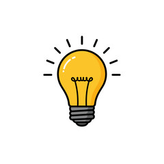 Yellow light bulb icon with glowing rays symbolizing idea, creativity, and innovation on transparent background