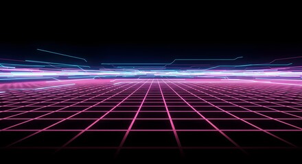 A neon grid with pink and blue lines over a black background creating a futuristic atmosphere view