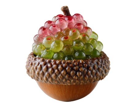 A miniature acorn holding a multi-colored cluster of translucent spheres