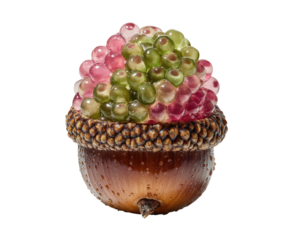 Colorful translucent spheres nestled within an acorn cup