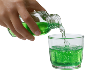A hand pours a green liquid from a small bottle into a glass