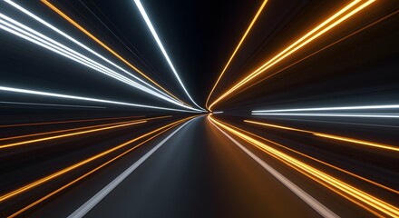 Abstract tunnel with glowing white and orange light trails on a dark background creating a sense of speed