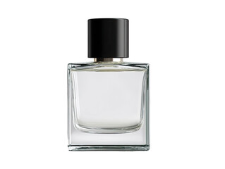 Empty rectangular glass perfume bottle. Black cap