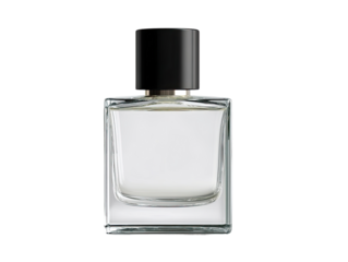 Empty rectangular glass perfume bottle. Black cap