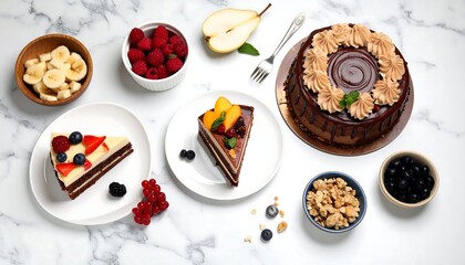 Assorted desserts on a marble surface