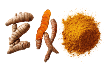 Turmeric root and powder, arranged in a stylized font. Fresh, sliced turmeric root forms the letters of the word "Turmeric." A pile of golden turmeric powder is layered over a portion of the image