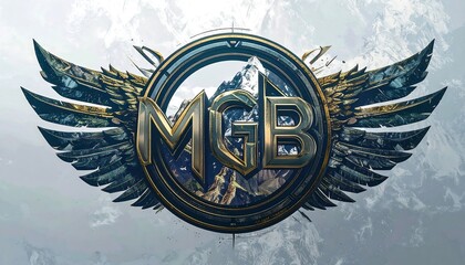 Gold & blue logo, mountain scene, wings, initials