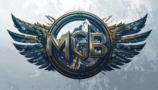 Gold & blue logo, mountain scene, wings, initials