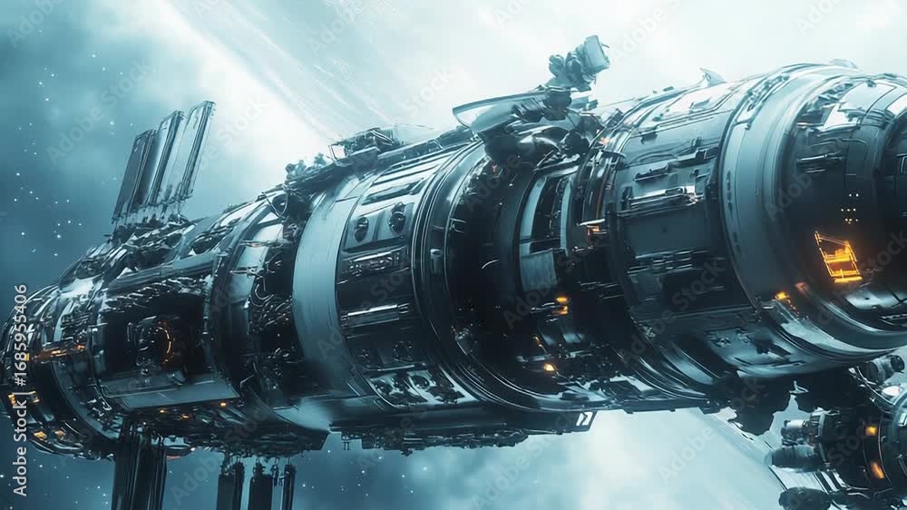 Poster futuristic spaceship exploring a distant planet with rings