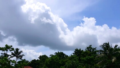 Obraz premium Fluffy clouds over lush greenery