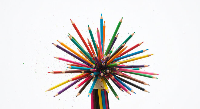 Vibrant colored pencils exploding with creativity against a crisp white background sparking colorful inspiration