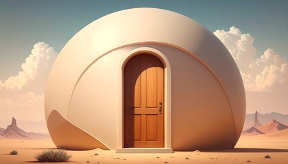 A spherical structure with a wooden door stands in a desert landscape under a cloudy sky