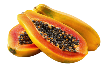Close-up of three papaya halves.  Bright,  yellow-orange flesh,  reddish inner lining,  dark seeds scattered within.  Fresh,  ripe fruit