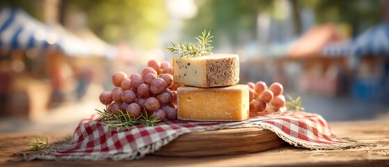 assorted farmhouse cheeses on a wooden board with grapes and herb sprigs