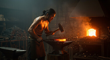 Dedicated blacksmith hammers glowing metal on anvil in fiery workshop creating art through intense labor