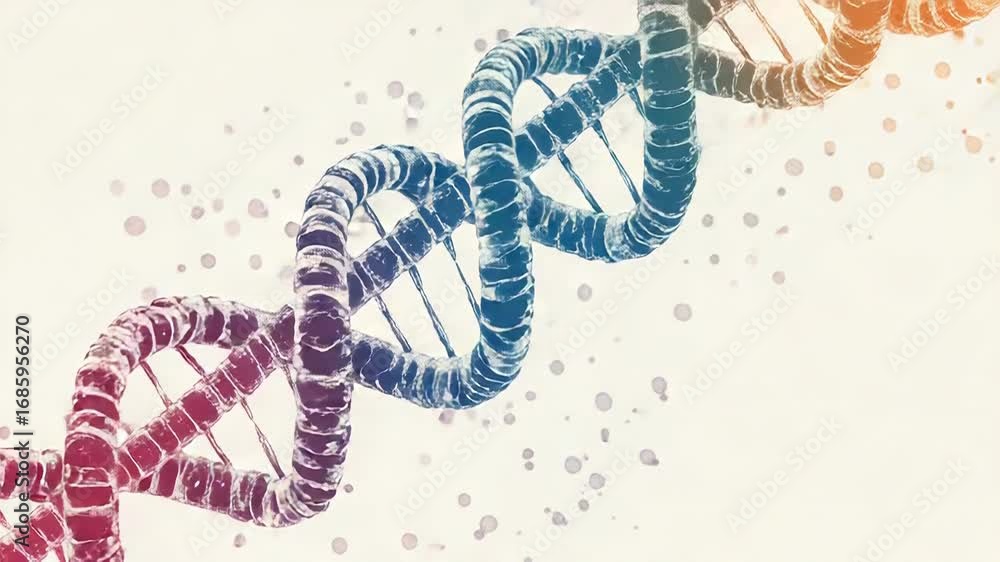 Poster dna double helix rotating with colorful gradient and stains on white background