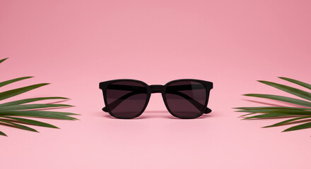 Stylish black sunglasses framed by lush green palm leaves on a vibrant pink background