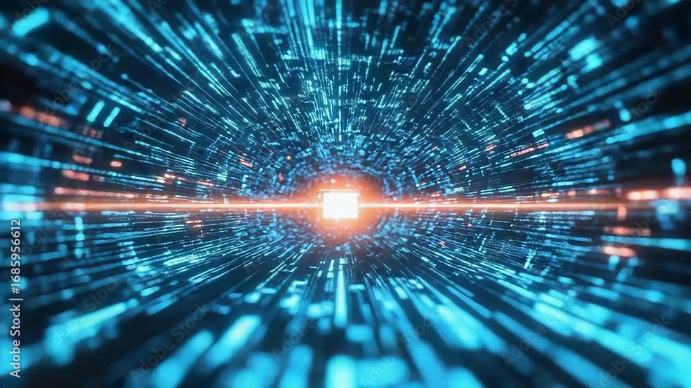 Poster digital data flowing through cyberspace tunnel at high speed