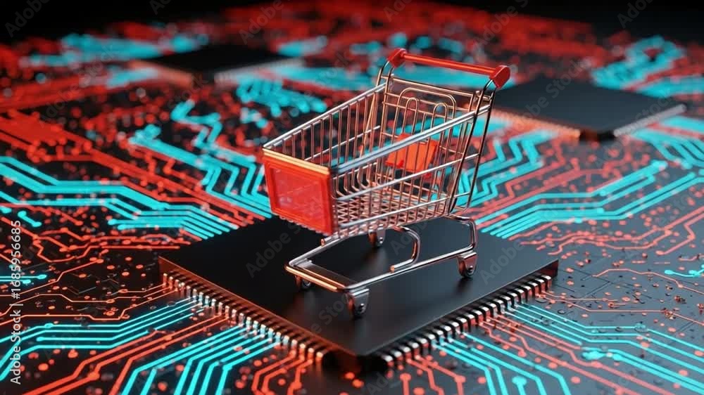 Poster miniature shopping cart on a computer chip with red and blue circuit board background design effect
