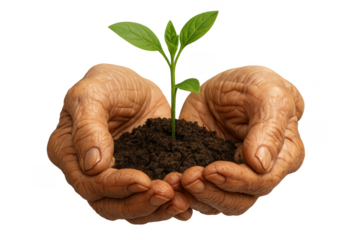 Senior farmer holding seedling growing in fertile soil on transparent background