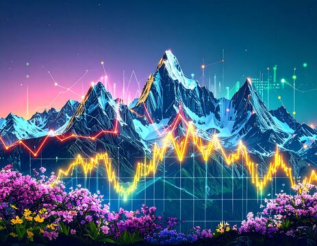 Mountain landscape overlaid with financial charts - Powered by Adobe