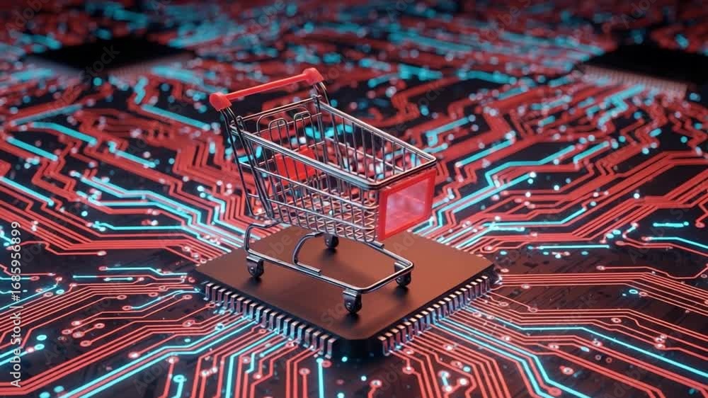 Poster a shopping cart on a microchip with red and blue circuit board lines in the background image