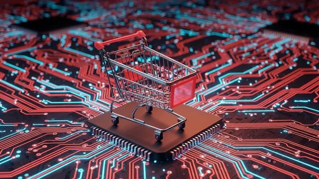 A shopping cart on a microchip with red and blue circuit board lines in the background image