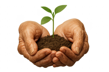 Senior farmer holding seedling growing in fertile soil on transparent background
