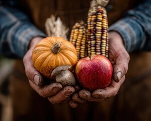 Farmer's Hands Holding Freshly Harvested Fall Produce - Pumpkin, Corn, Apple, Mushroom