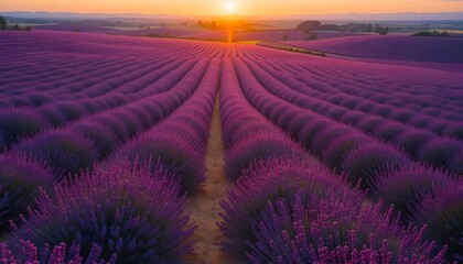 Obraz premium Dreamy lavender fields stretch to the horizon under a golden sunset in the tranquil countryside