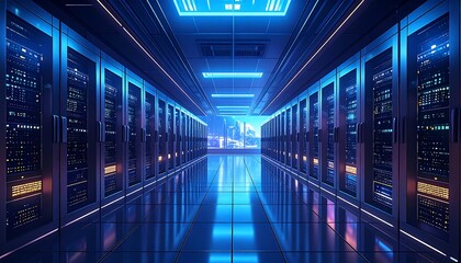 Futuristic server room with city view