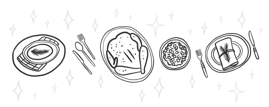 Charming whimsical outline illustrations of holiday table elements including plates, cutlery, glasses, turkey and festive dinner setting for invitations, greeting cards, menus, posters, packaging