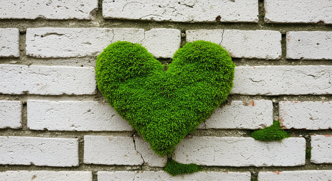 Vibrant green moss forms a perfect heart shape on a rustic white brick wall, symbolizing nature's enduring love. - Powered by Adobe