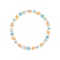 Minimal round frame with colorful gym equipment. Circular pattern with kettlebells, dumbbells, and workout gear. Sport and fitness concept in trendy vibrant style, emphasizing healthy activity modern
