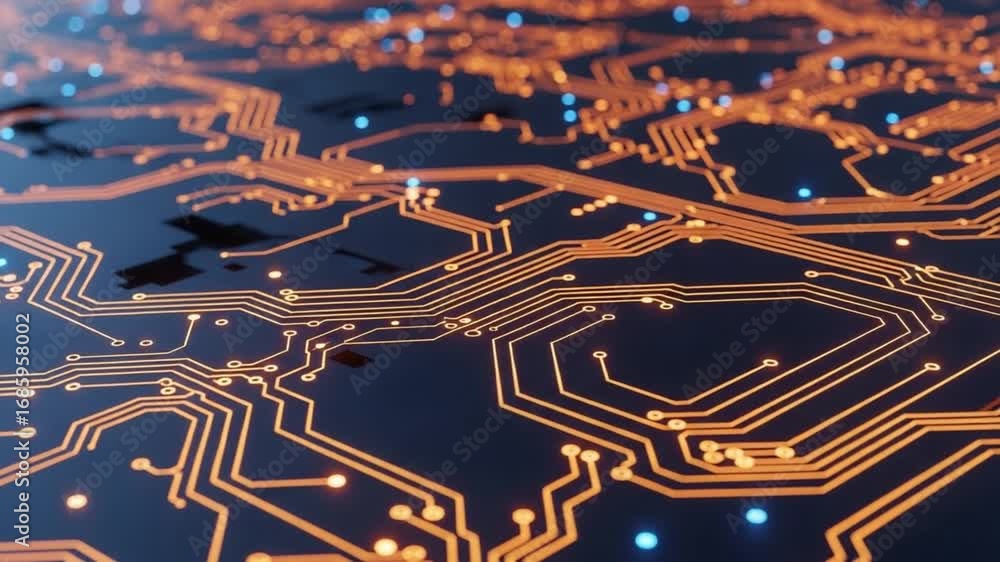Poster close up view of a complex circuit board with glowing orange traces and blue light points