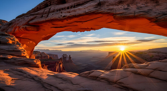 Sunrise illuminates mesa arch in canyonlands national park with dramatic orange light and sunburst - Powered by Adobe