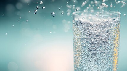 Sparkling Summer Drink in Clear Glass with Water Droplets and Light Blue Fizzy Bubbles	