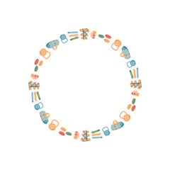 Colorful round frame with gym and workout equipment. Seamless border of fitness tools and sport items. Minimal trendy pattern with gym theme for flat decor design.